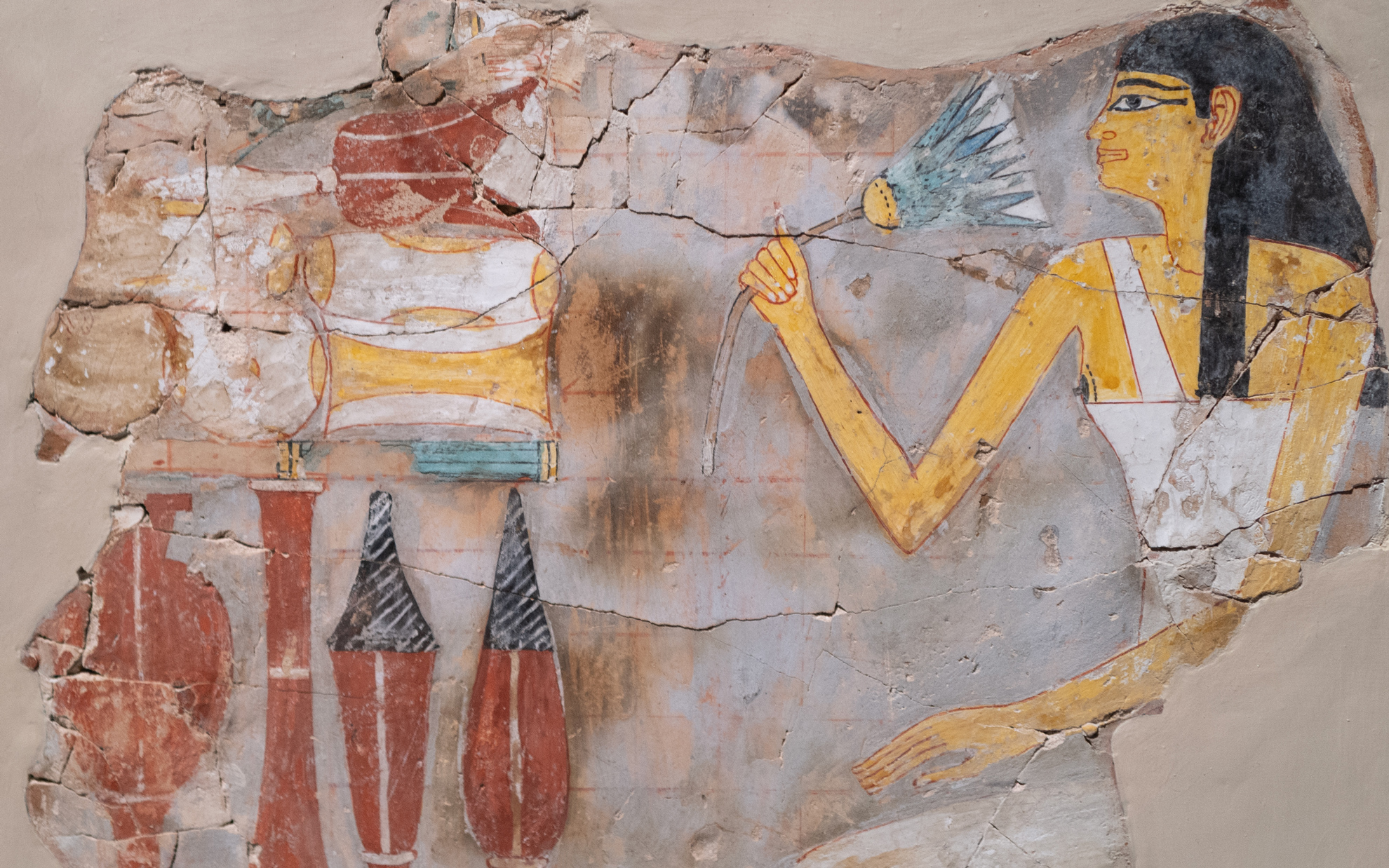 女性と供物を描いた墓の壁画。紀元前1539～紀元前1425年頃